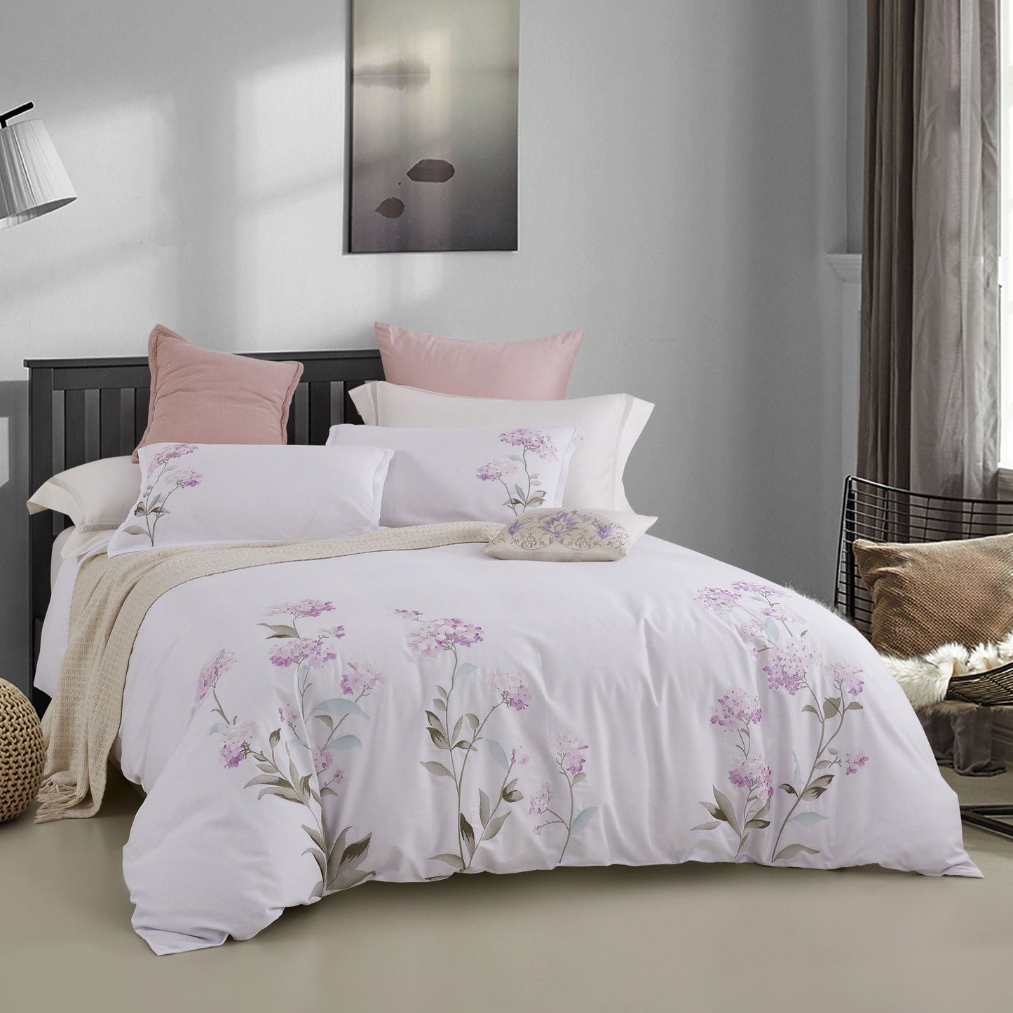 Hydrangea Floral 100% Cotton Embroidered Duvet Cover Set