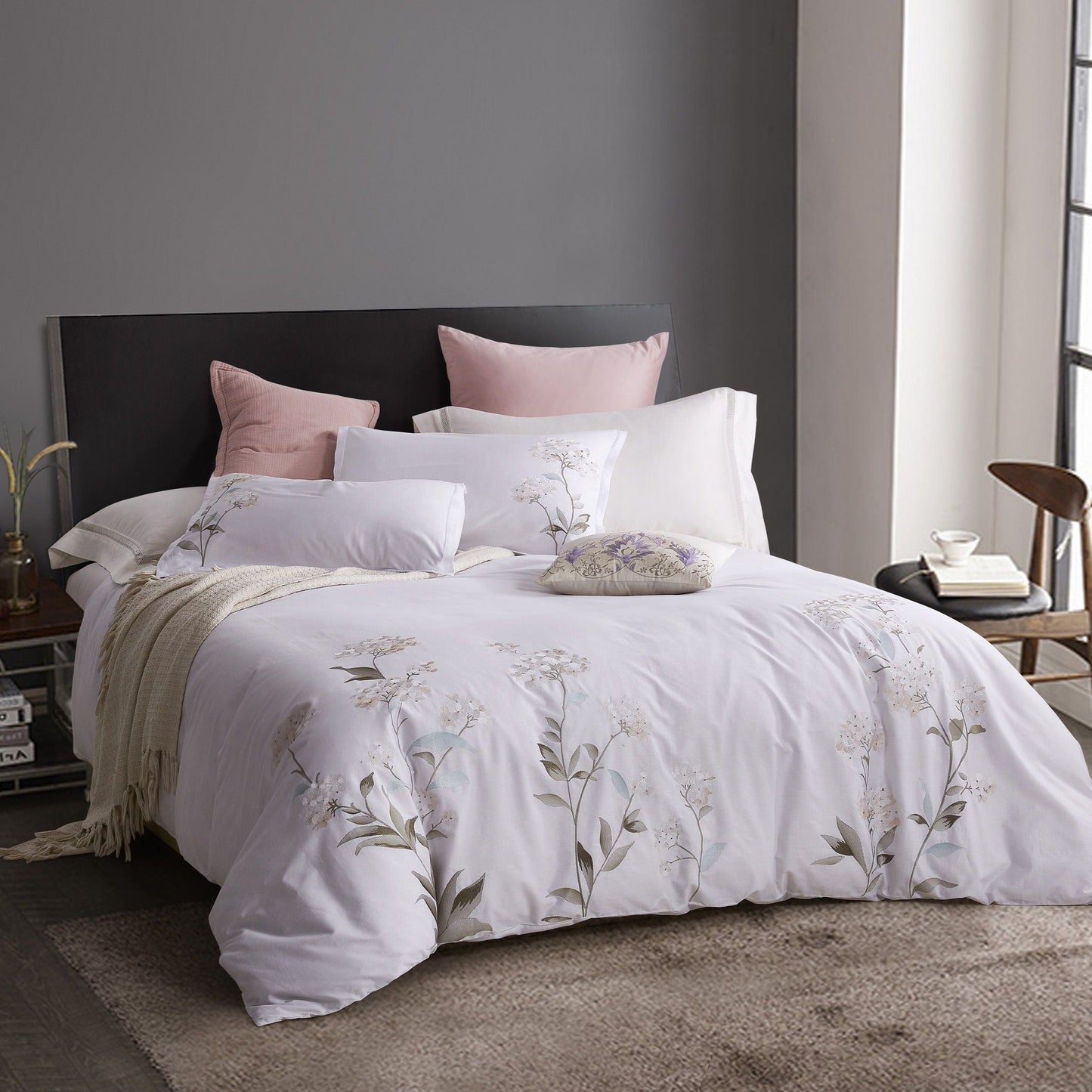 Hydrangea Floral 100% Cotton Embroidered Duvet Cover Set