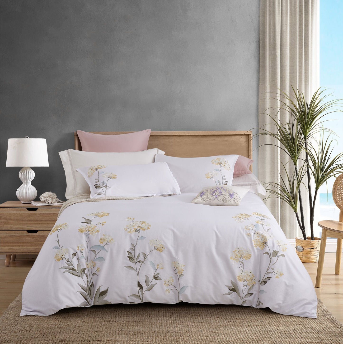 Hydrangea Floral 100% Cotton Embroidered Duvet Cover Set