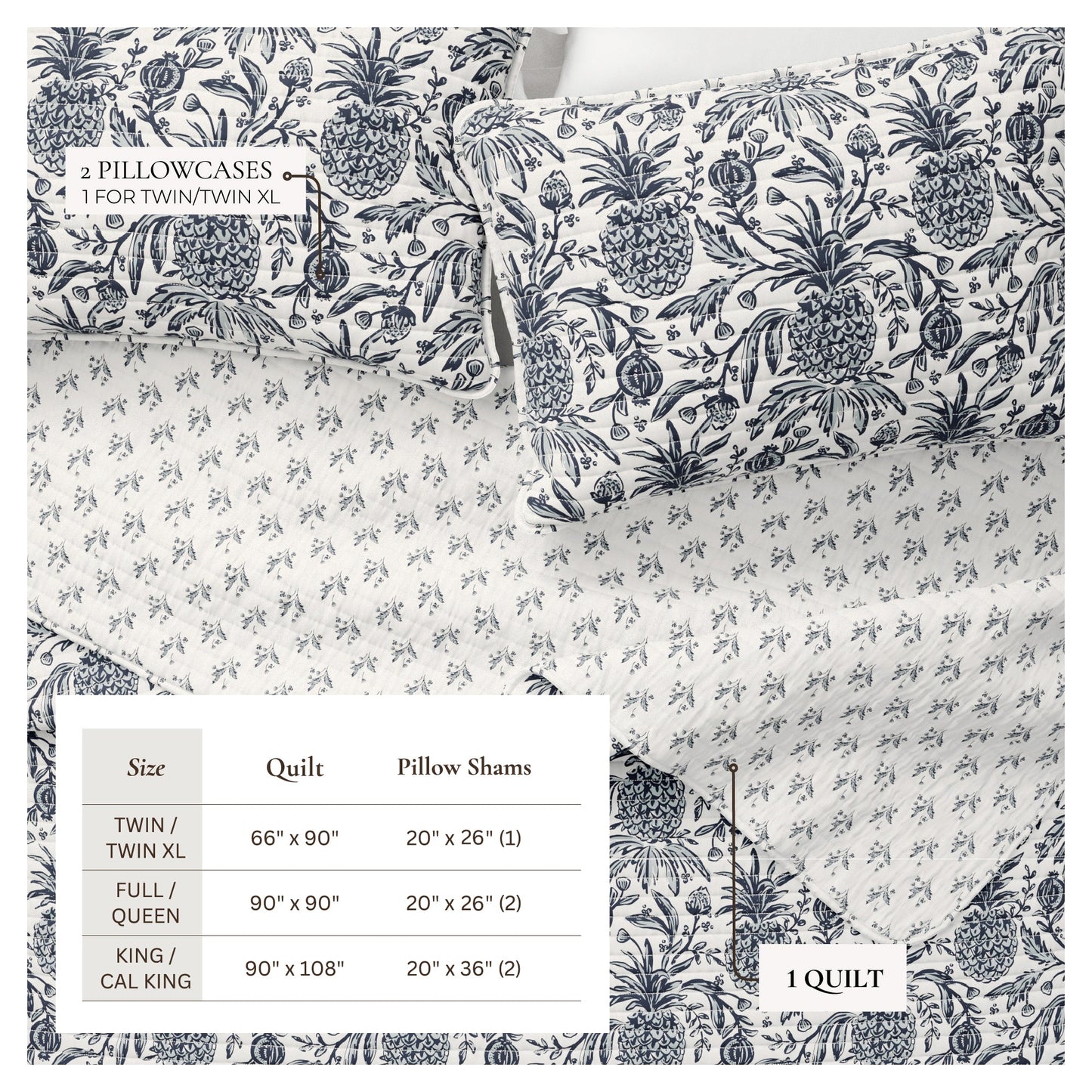 Nautical Printed Cotton Quilt Set - Navy & White Pineapple Themed Bedding