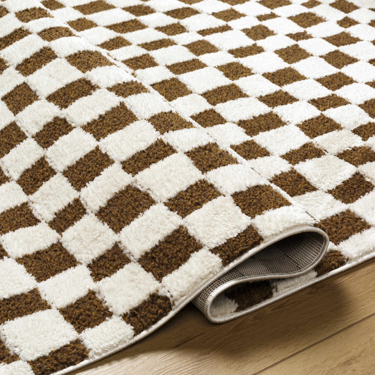 Lajos Brown Checkered Shag Rug - Quahog Bay Bedding
