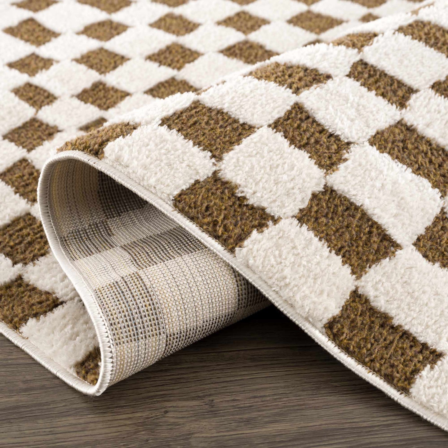 Lajos Brown Checkered Shag Rug - Quahog Bay Bedding