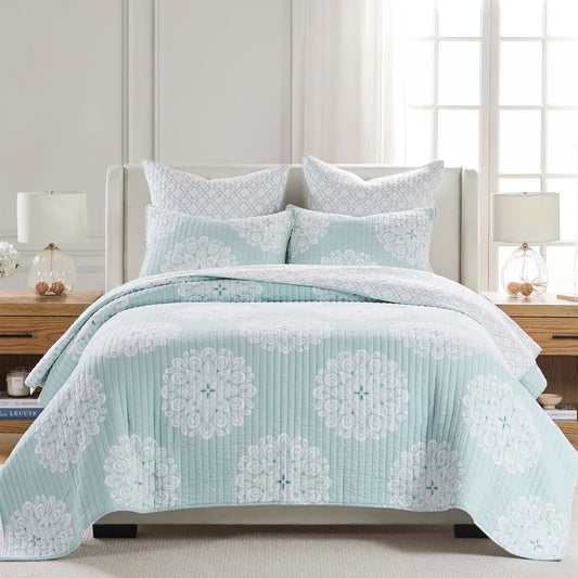Lara Spa Quilt Set - Teal Hues - Beautiful Coastal Bedding Set - Quahog Bay Bedding