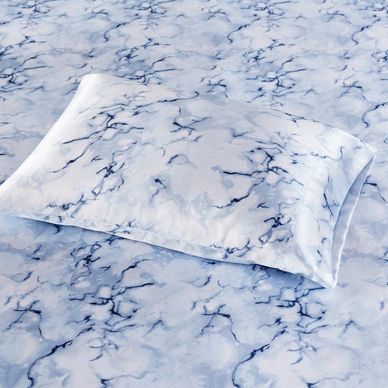 Luxurious And Elegant Printed Satin Sheet Sets - Blue Marble Print - Quahog Bay Bedding