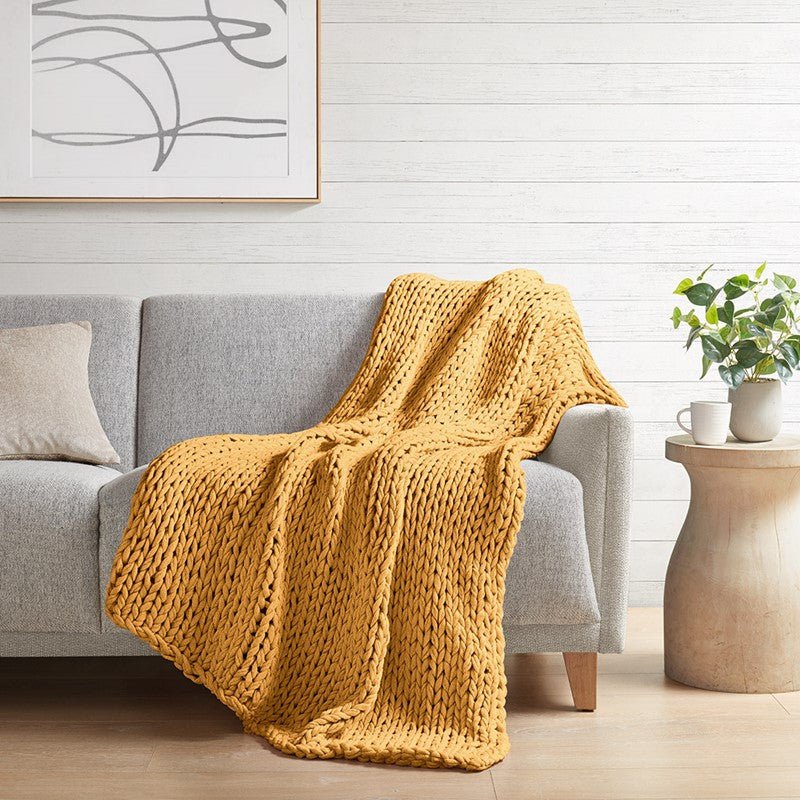 Madison Park Chunky Double Knit Handmade Throw Blanket - Yellow - Quahog Bay Bedding