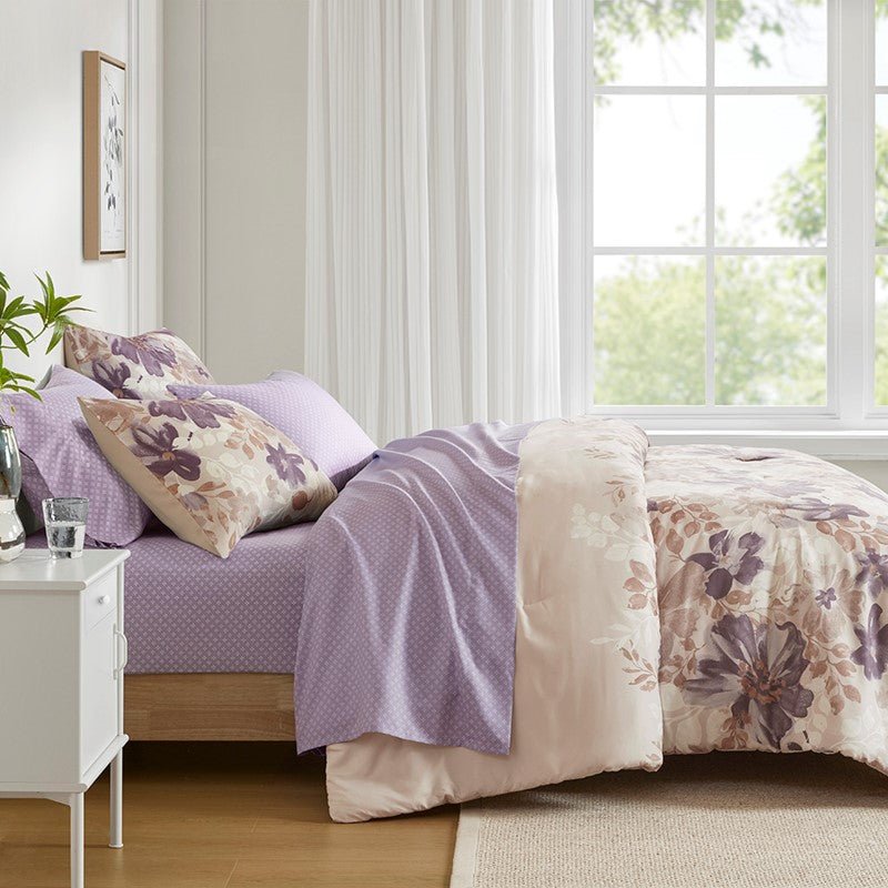 Madison Park Luna Comforter Set with Bed Sheets - Taupe - Floral Bedding Bundle - Quahog Bay Bedding