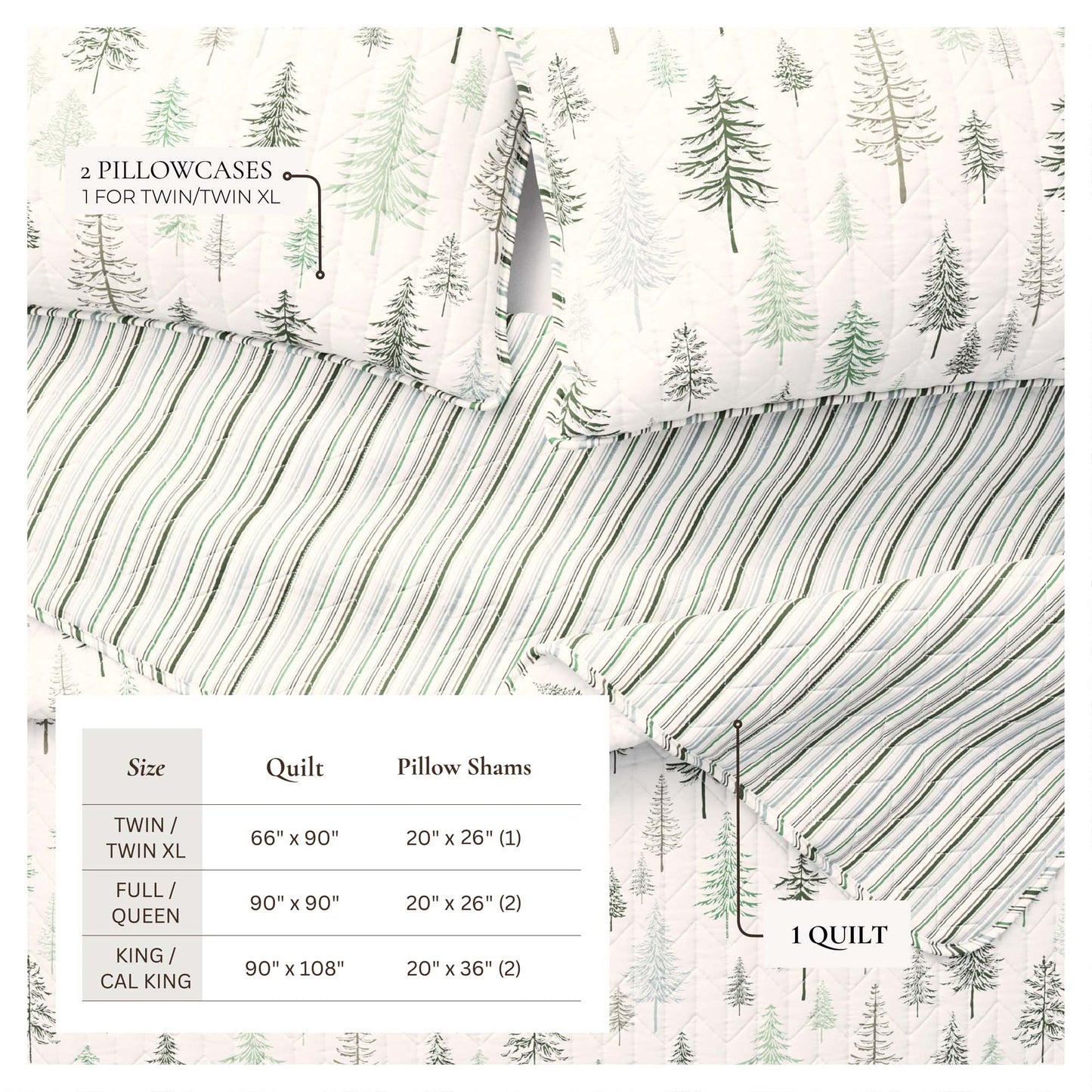 Lodge Quilt - White With Evergreen Trees - Fall & Christmas Themed Bedding
