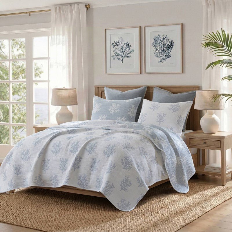 Mia Coastal Coral Reversible Jacquard Quilt Set | 3 - Piece | Blue - Quahog Bay Bedding