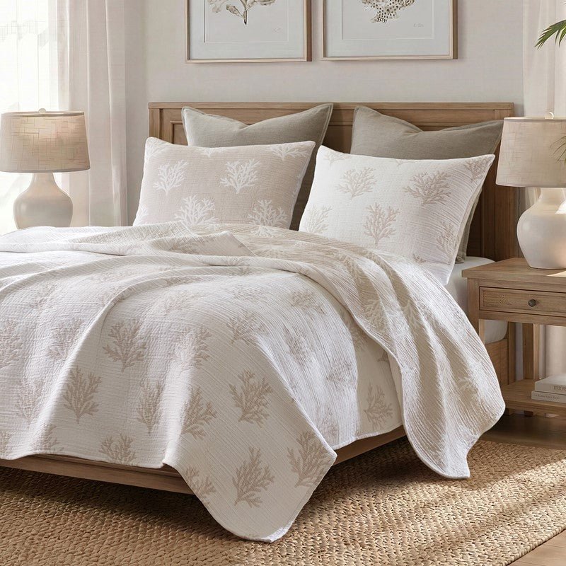 Mia Coastal Coral Reversible Jacquard Quilt Set | 3 - Piece | Tan/Grey - Quahog Bay Bedding