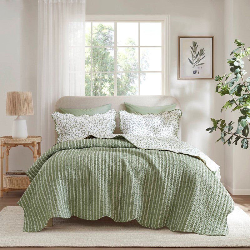 New! Darcy 3PC Reversible Print / Striped Scalloped Edge Quilt Set - Sage Green - Quahog Bay Bedding