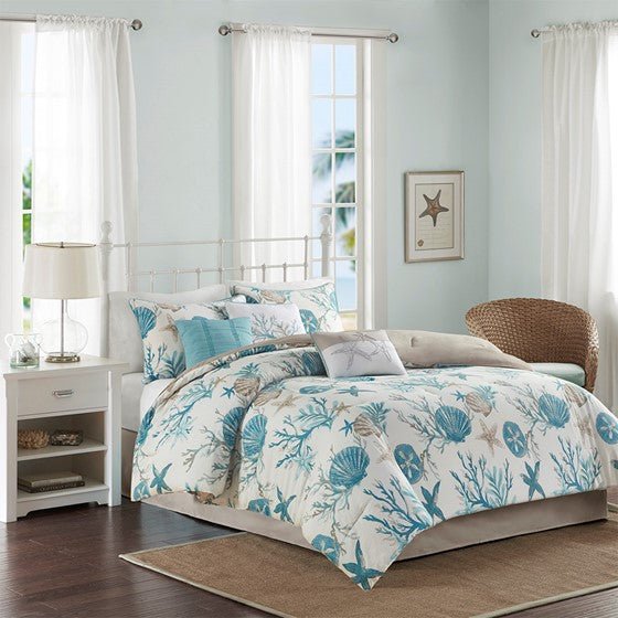 Madison Park Pebble Beach Cotton Sateen Comforter Set 7PC - Aqua - Quahog Bay Bedding