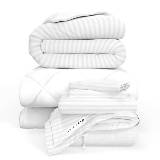 QuickZip Fresh Bed Bundle - Base, Pad, Sheet Set, Duvet And Comforter - ComfortCore - Quahog Bay Bedding