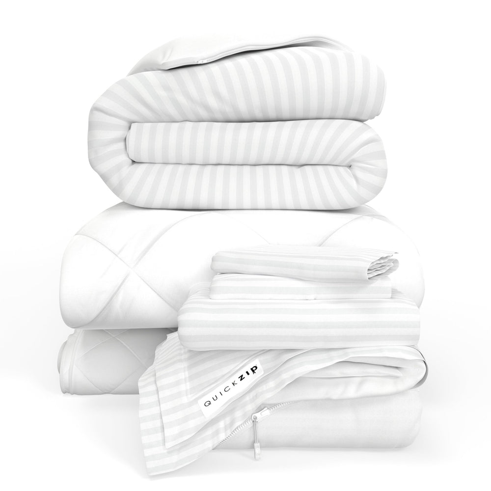 QuickZip Fresh Bed Bundle - Base, Pad, Sheet Set, Duvet And Comforter - ComfortCore - Quahog Bay Bedding