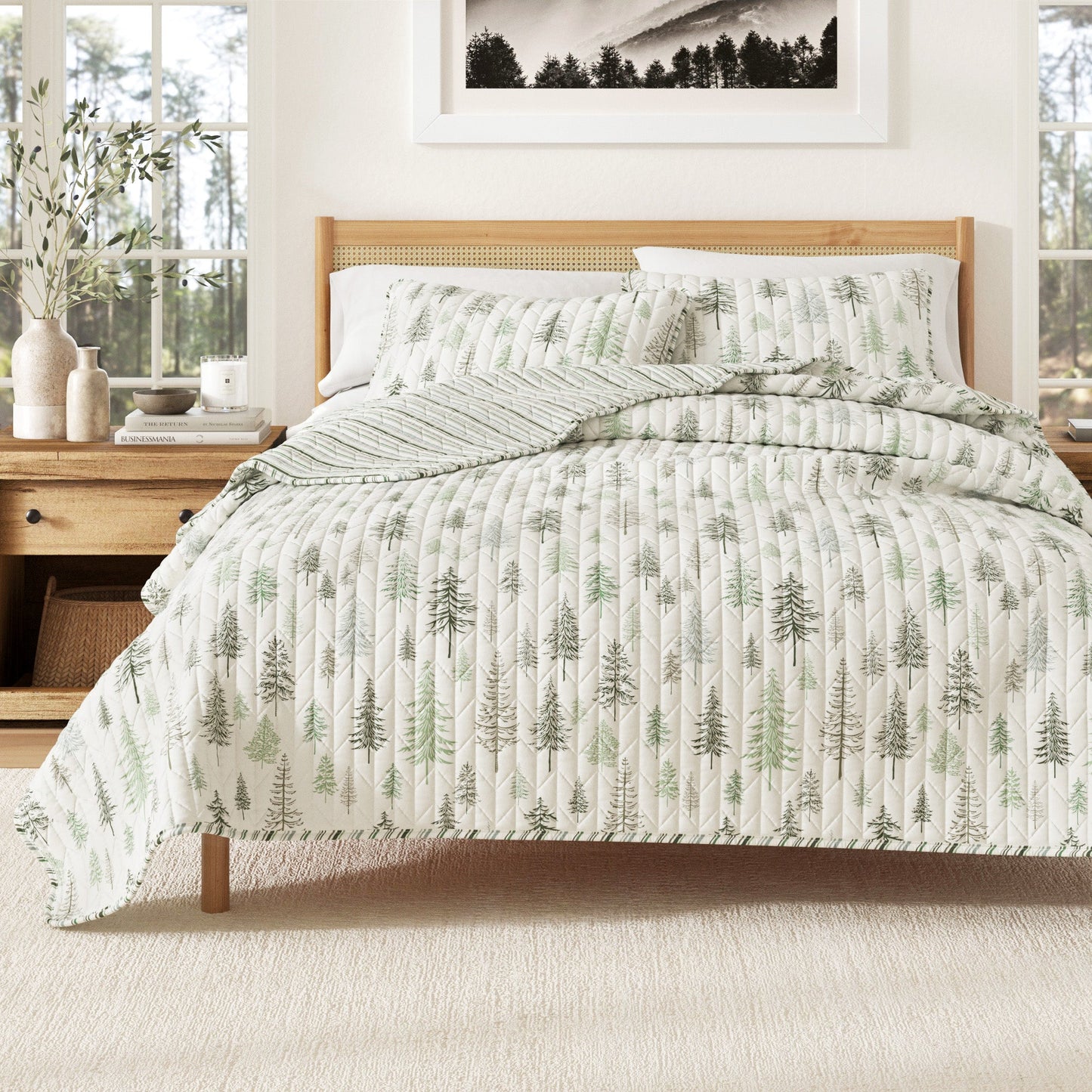 Lodge Quilt - White With Evergreen Trees - Fall & Christmas Themed Bedding