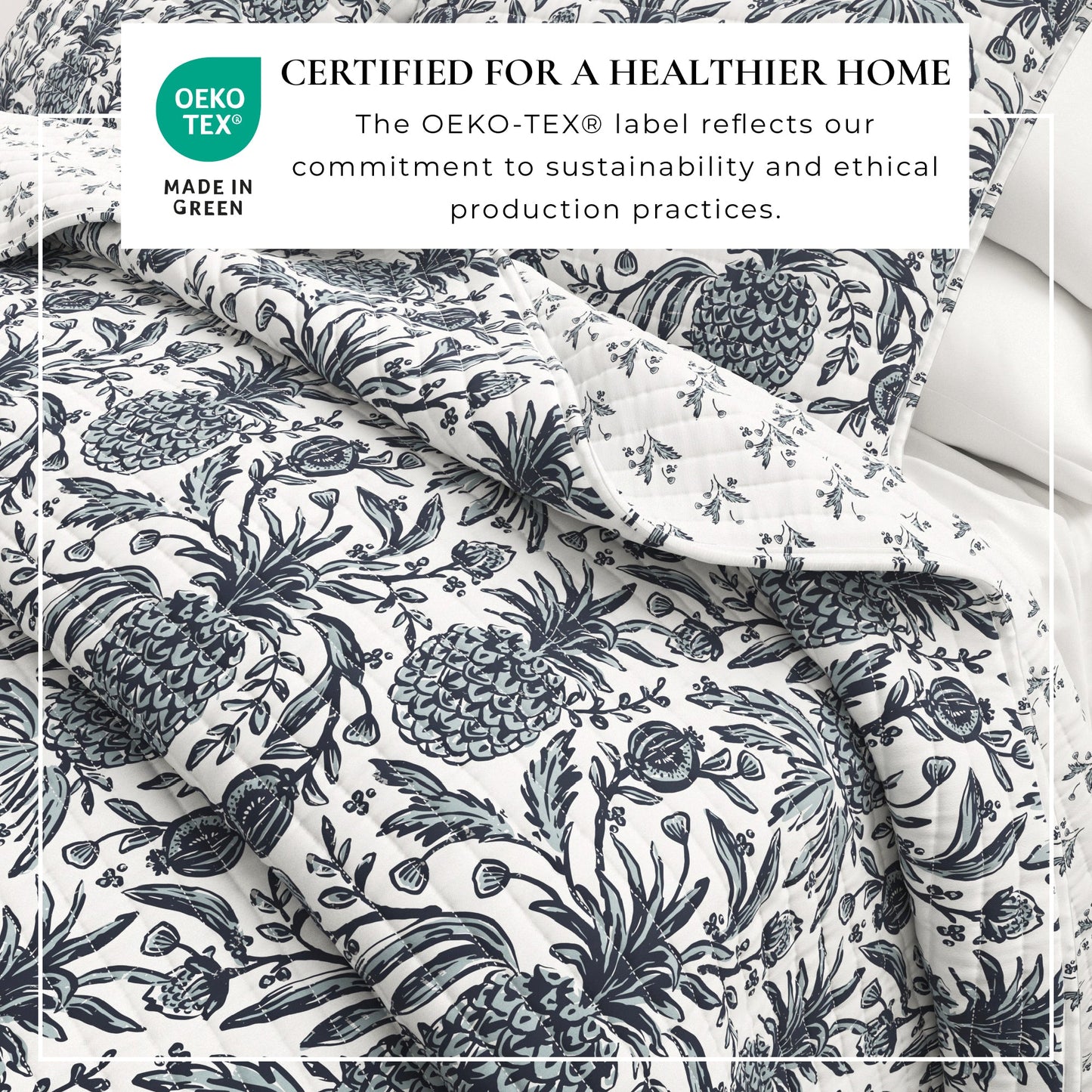 Nautical Printed Cotton Quilt Set - Navy & White Pineapple Themed Bedding