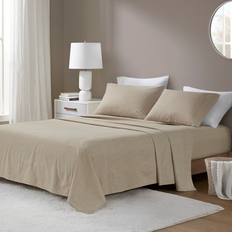 Sleep Philosophy Flannel Sheet Set – Beige/White Stripes | 100% Cotton - Quahog Bay Bedding