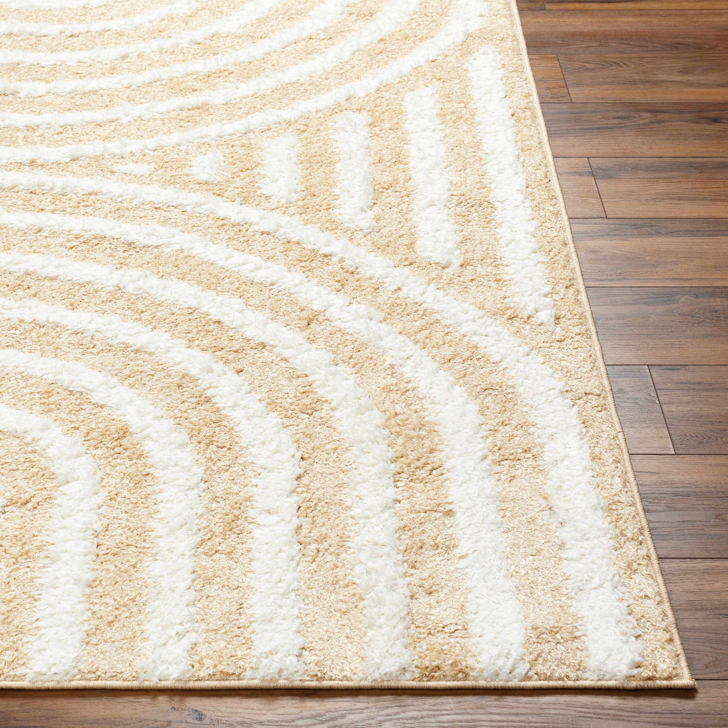 Corner of Arnel Beige Area Rug on light wood flooring, featuring machine woven texture and plush pile height for cozy interiors.