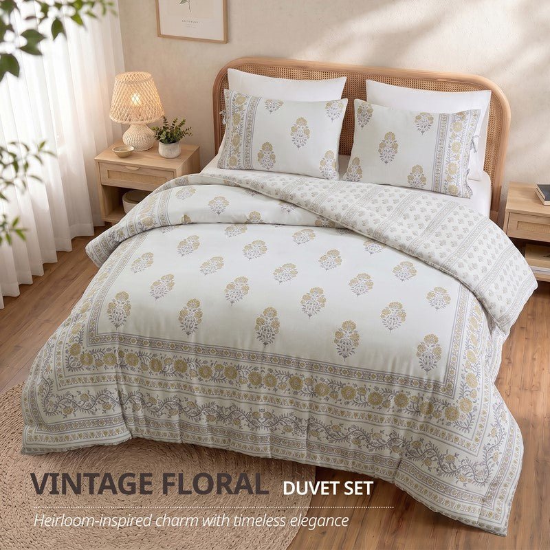 Thalia Vintage Bohemian Reversible Duvet Cover Set | 3-Piece | Blush/Gold - Quahog Bay Bedding