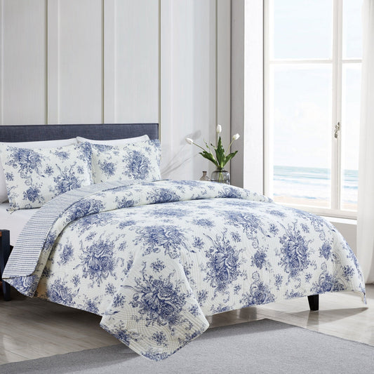 Toile Quilt Set - 100% Cotton Shell And Filling - Floral Quilt With Stripes On Reverse - Quahog Bay Bedding