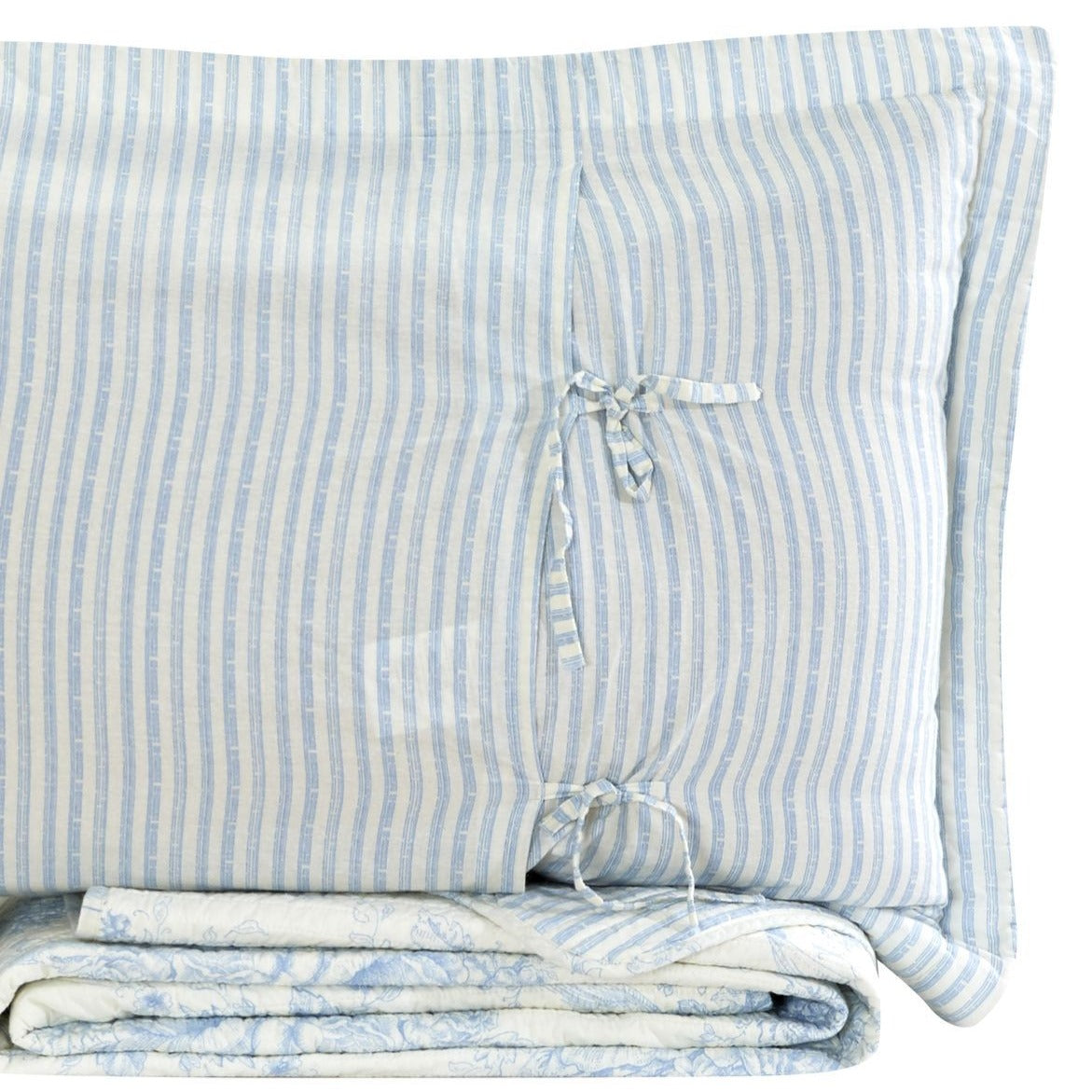 Toile Quilt Set - 100% Cotton Shell And Filling - Floral Quilt With Stripes On Reverse