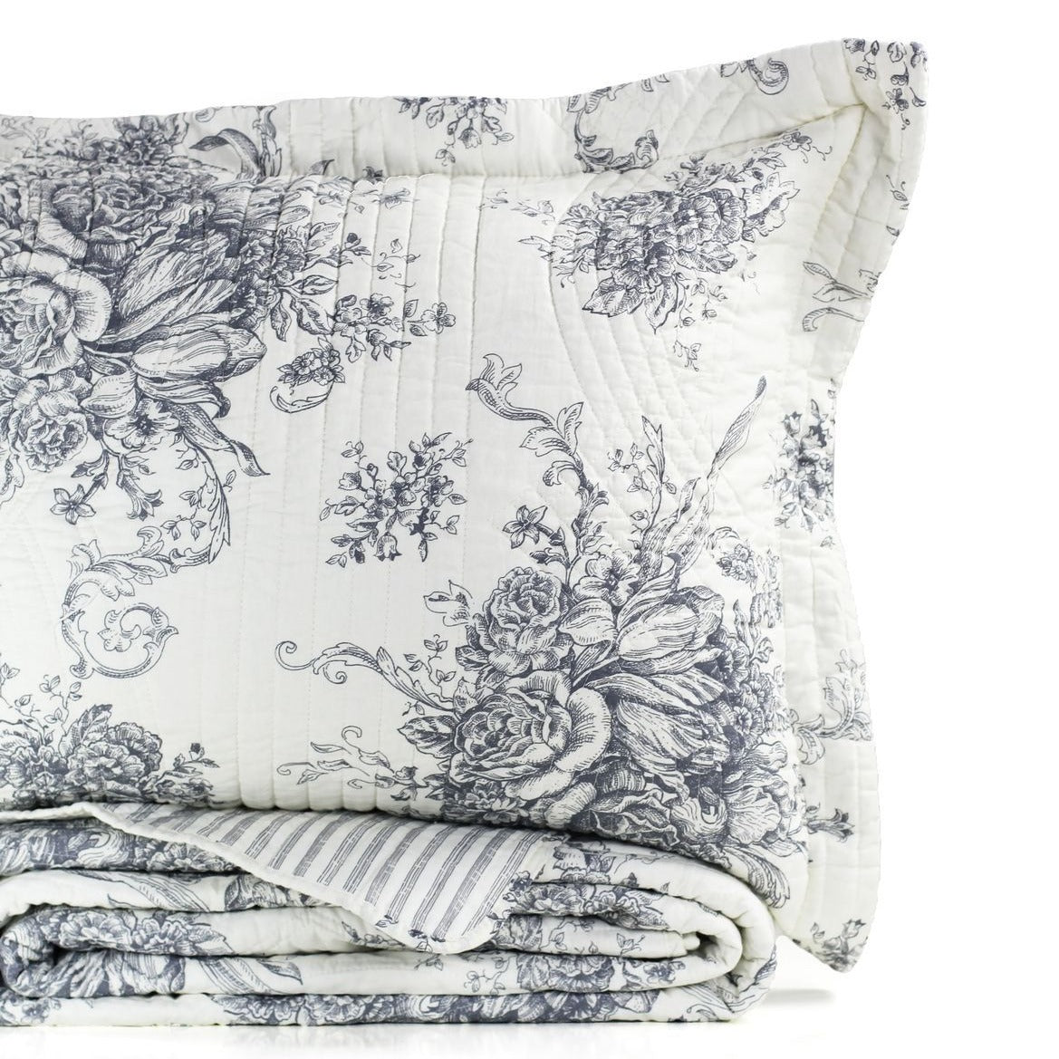 Toile Quilt Set - 100% Cotton Shell And Filling - Floral Quilt With Stripes On Reverse