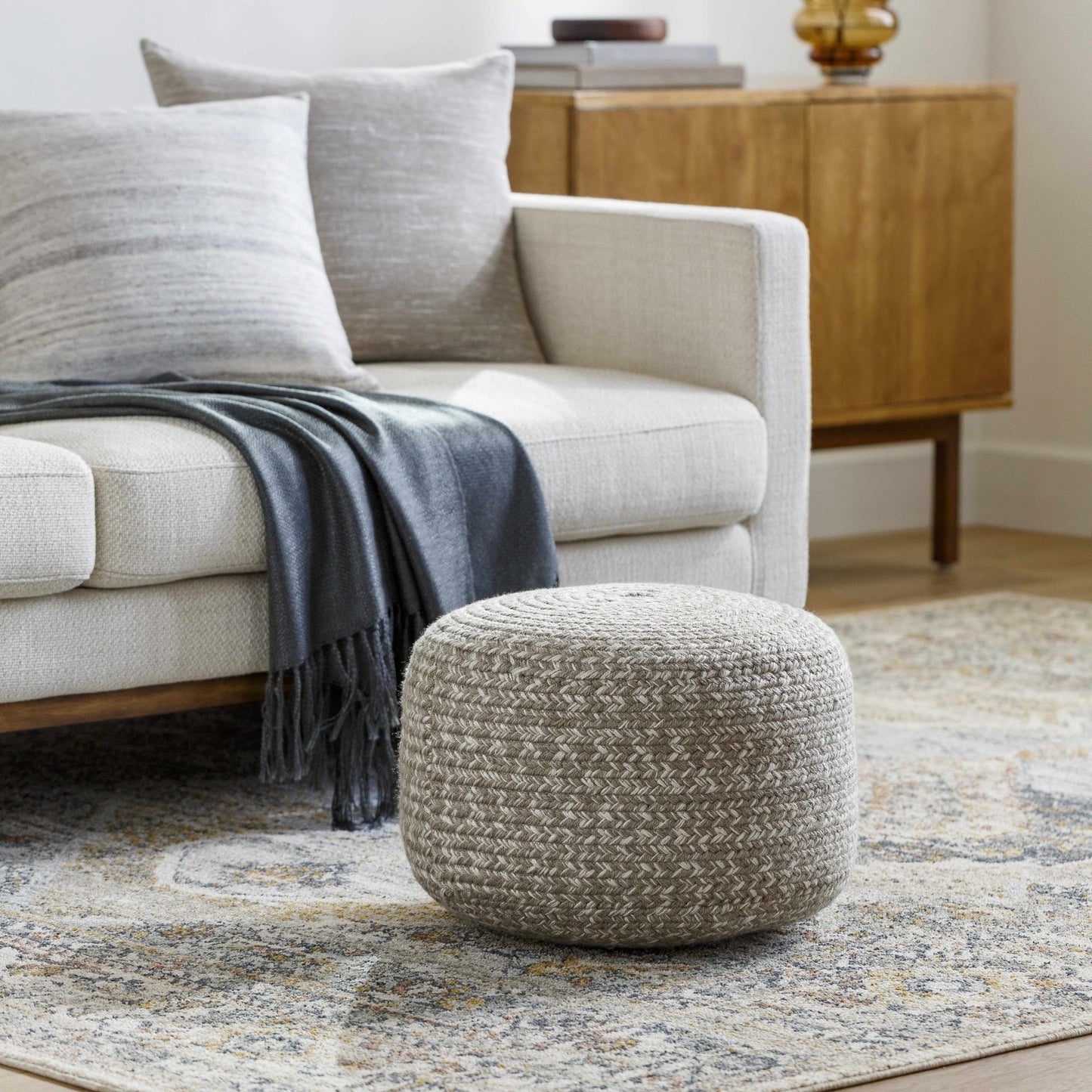 Tonanitla Natural Fiber Light Gray Knitted Pouf - Quahog Bay Bedding