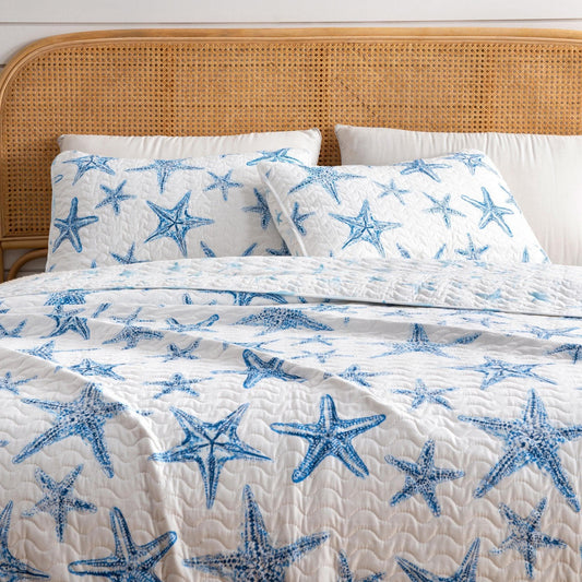 Trinidad Coastal Blue Sea Star Quilt Set 3PC - Starfish Themed Quilts - Quahog Bay Bedding