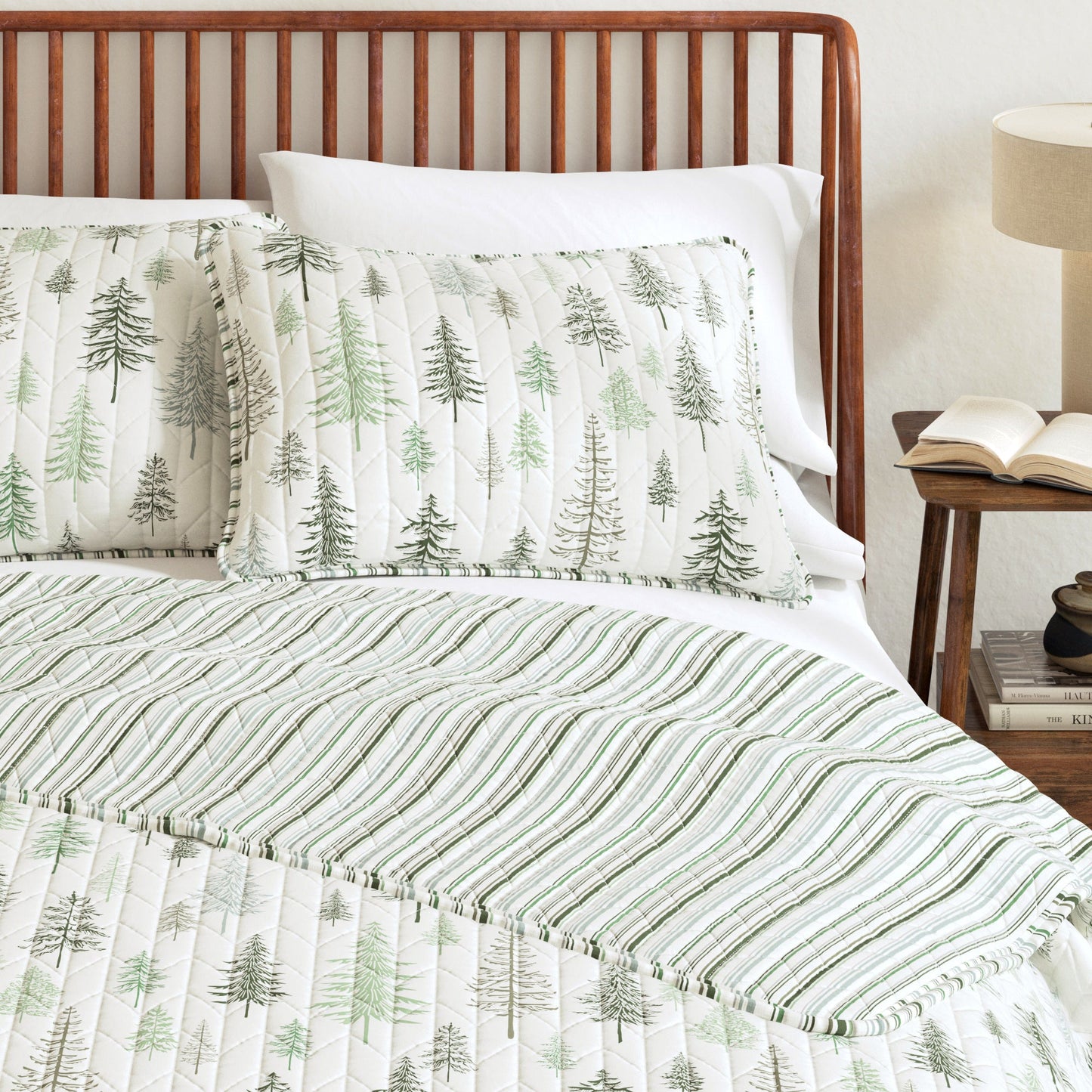 Lodge Quilt - White With Evergreen Trees - Fall & Christmas Themed Bedding