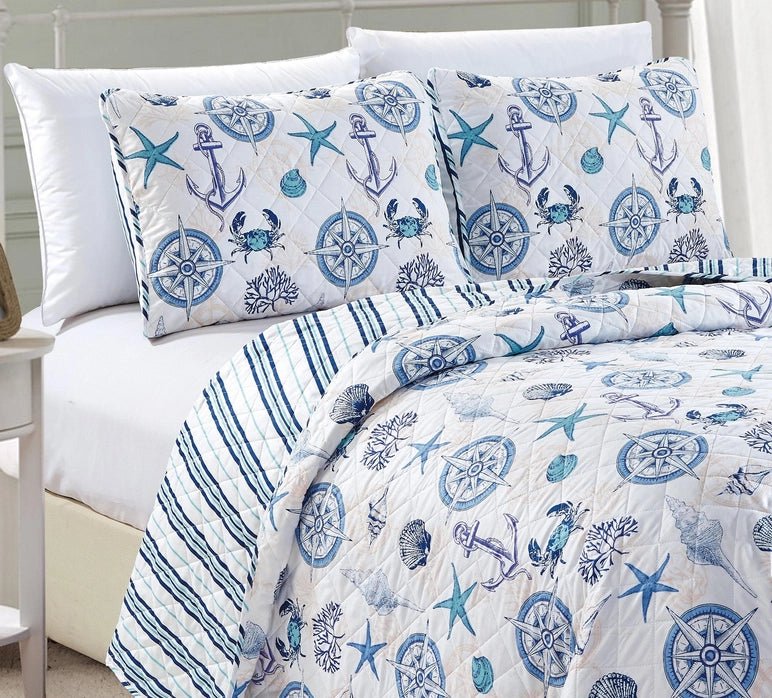 Universal V Berth Coastal Azure Quilt Set 3PC Boat Bedding Set - Quahog Bay Bedding