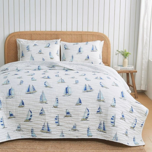 Coastal Blue Watercolor Sailboat Quilt Set 3PC - Quahog Bay Bedding