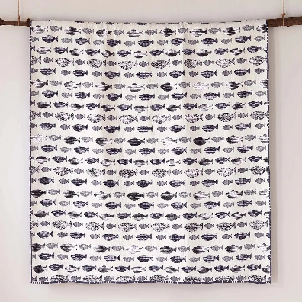 Universal V Berth Nautical Navy And White Fish 100% Cotton Quilt Set - Quahog Bay Bedding