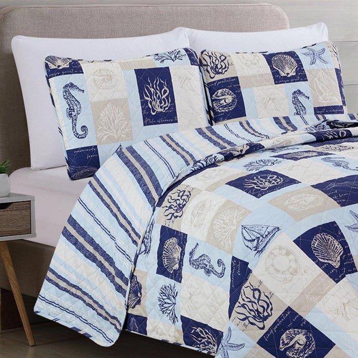 Universal V Berth Nautical Seascape Patchwork Quilt Set 3PC - Quahog Bay Bedding