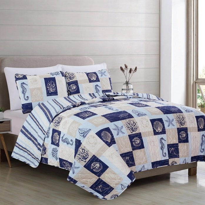Universal V Berth Nautical Seascape Patchwork Quilt Set 3PC - Quahog Bay Bedding