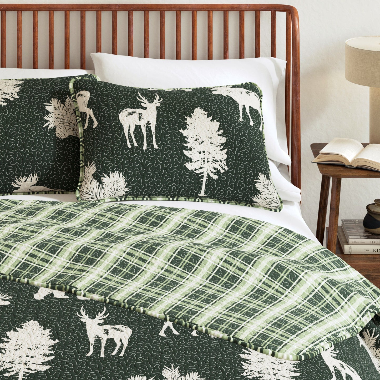 Lodge Quilt - Green With Deer, Moose, Trees - Fall Themed Bedding