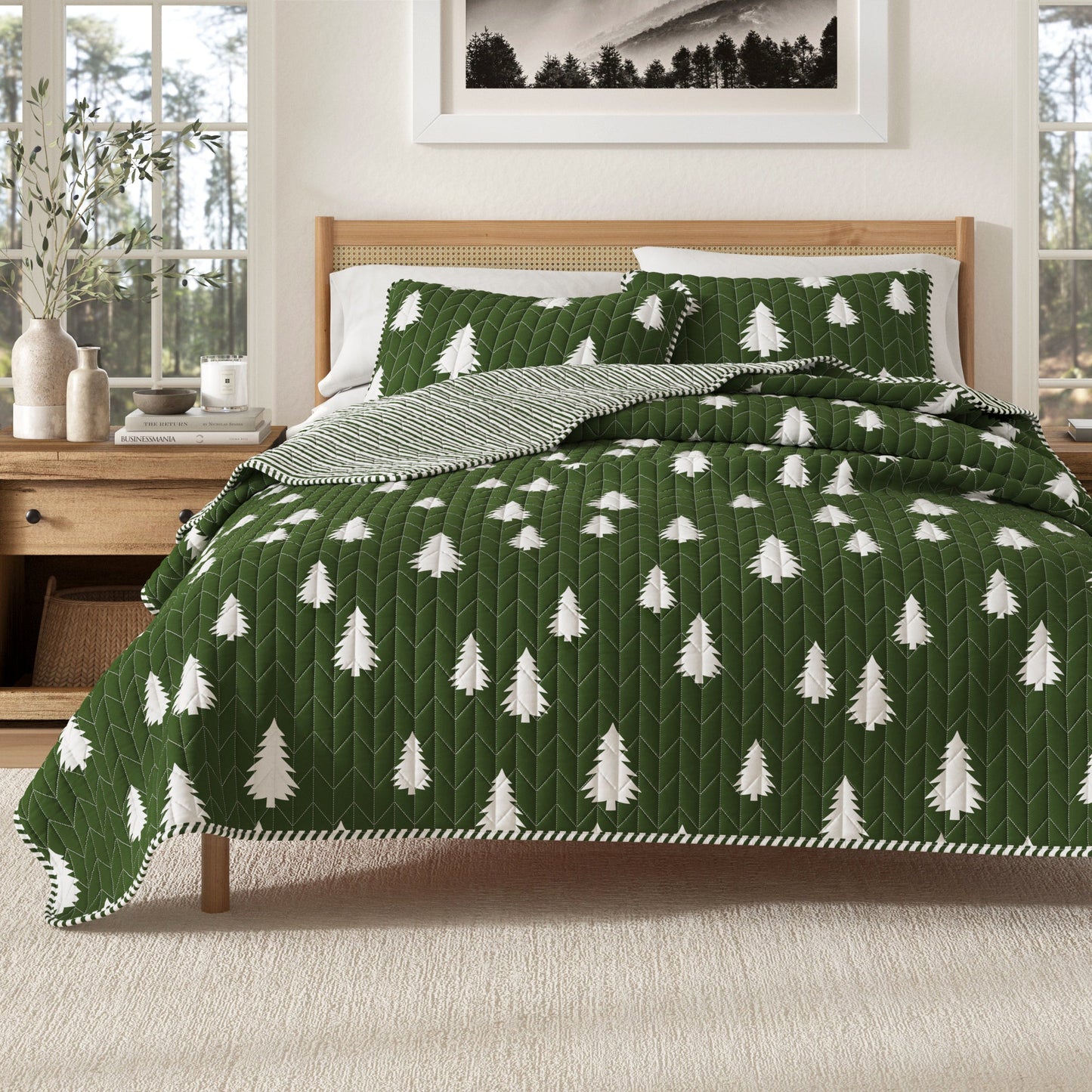 Lodge Printed Quilt - Olive Green With Tree Outlines - Fall & Holiday Themed Bedding
