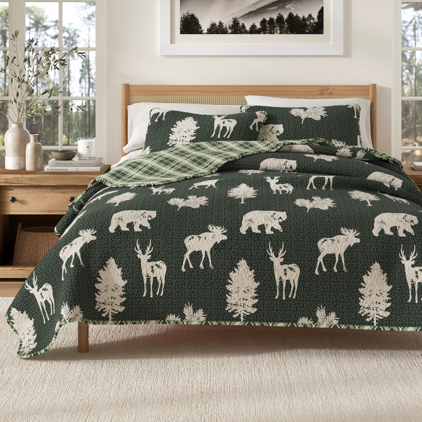 Lodge Quilt - Green With Deer, Moose, Trees - Fall Themed Bedding