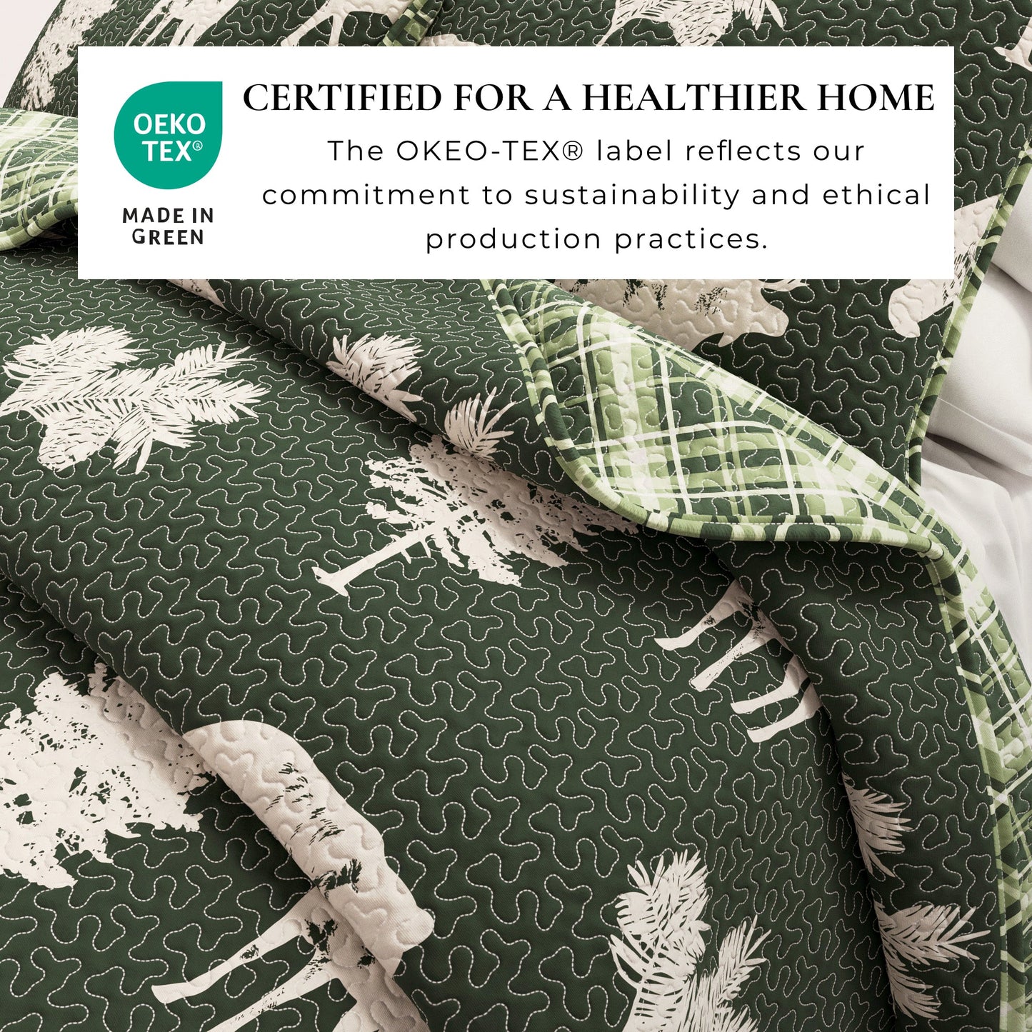 Lodge Quilt - Green With Deer, Moose, Trees - Fall Themed Bedding