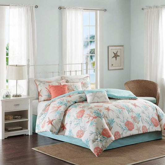 Pebble Beach cotton sateen comforter set in a coastal bedroom with coral, teal, and taupe accents