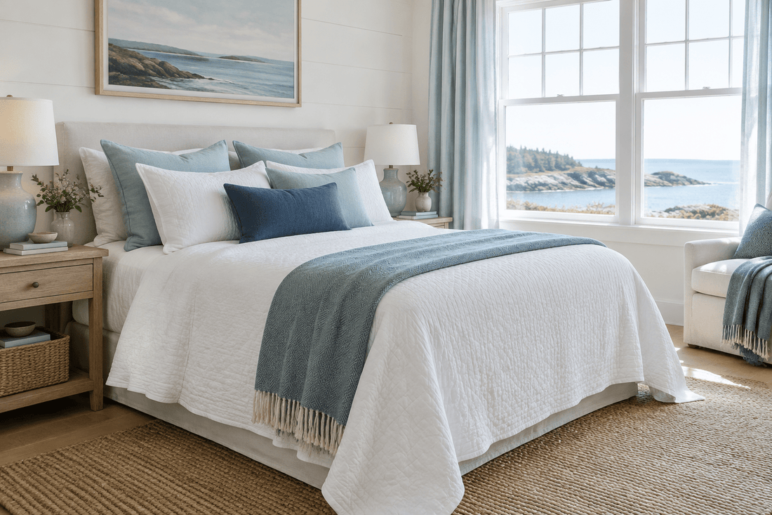 Airy coastal bedroom with white bedding and soft blue and navy accents