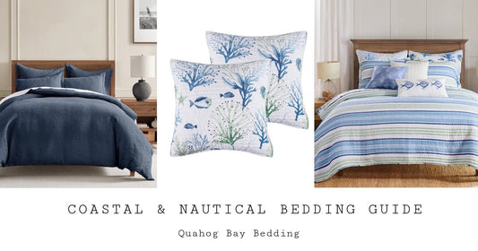 Coastal and nautical bedding sets including navy textured quilt, sea life pillows, and striped coastal bedding