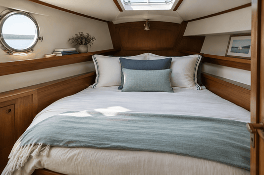 A neatly made V-berth bed with white bedding and navy accents in a sailboat cabin