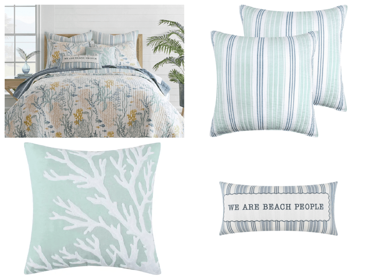 Coastal bedding ensemble with soft blue, white, and neutral layers