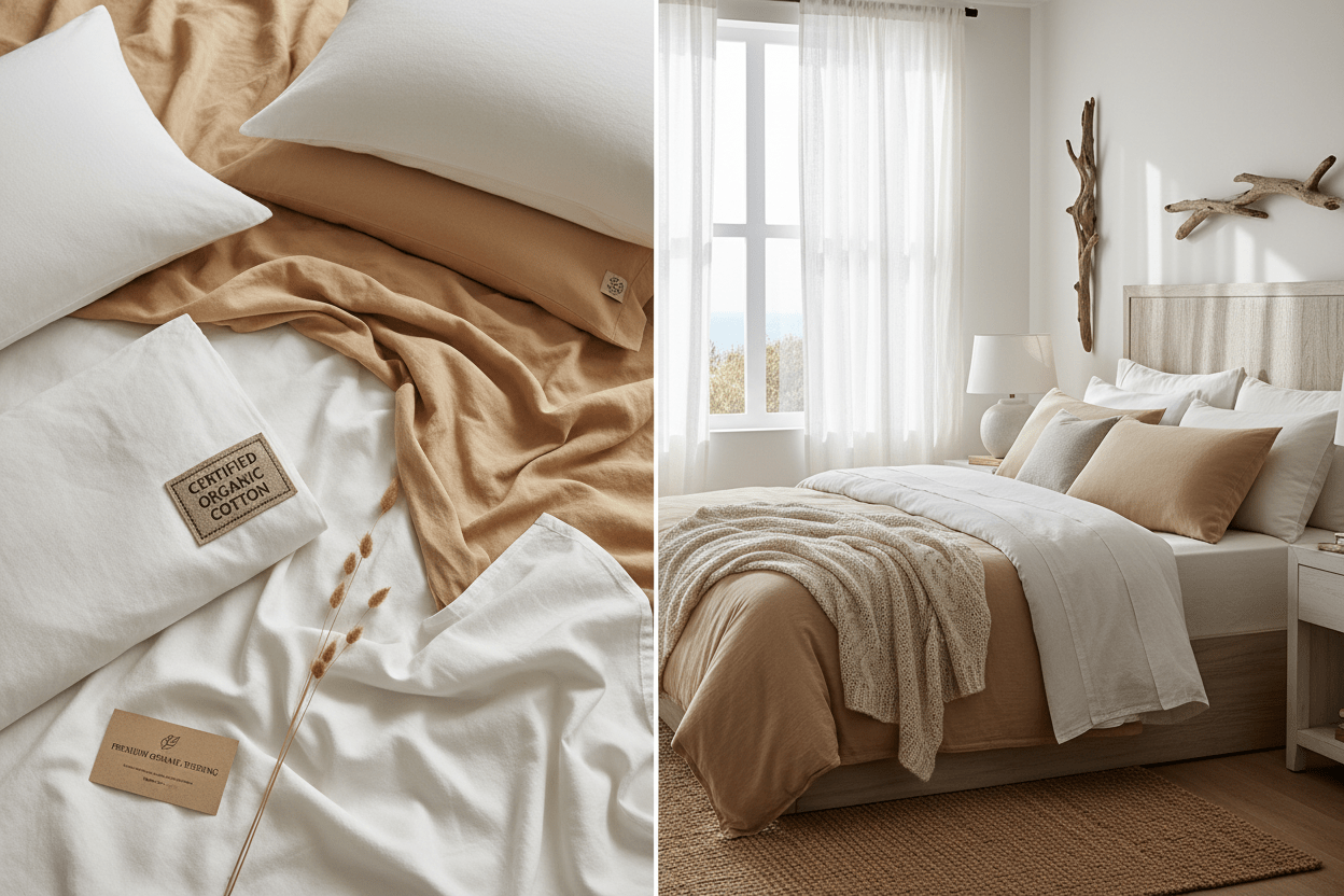 Certified organic cotton bedding collection including sheets, pillowcases, and comforter in natural white and sand tones.