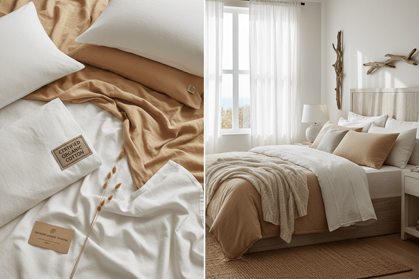 Certified organic cotton bedding collection including sheets, pillowcases, and comforter in natural white and sand tones.