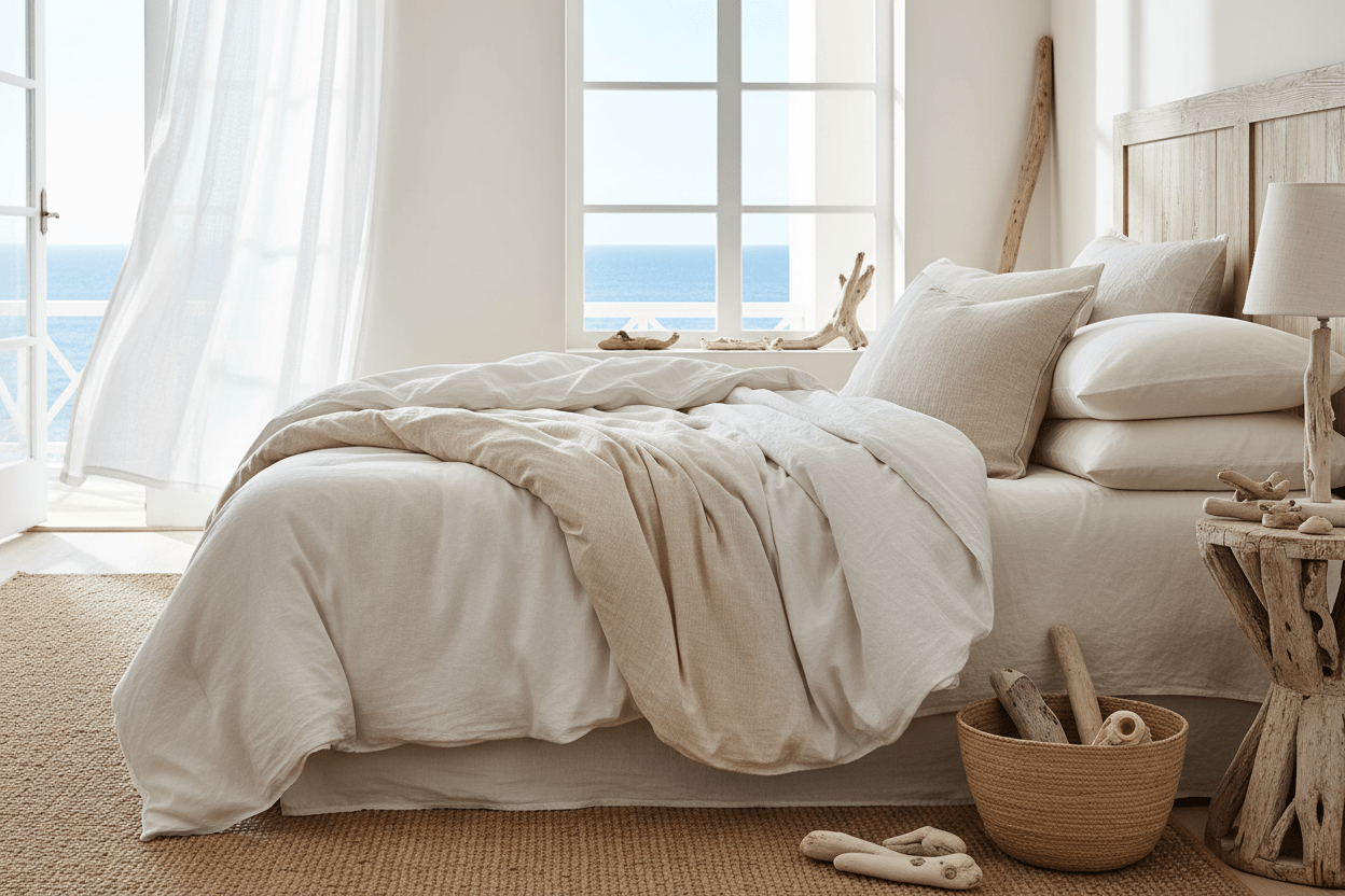Plush certified organic cotton comforter on a bright coastal bedroom bed with natural ivory tones and linen pillows.