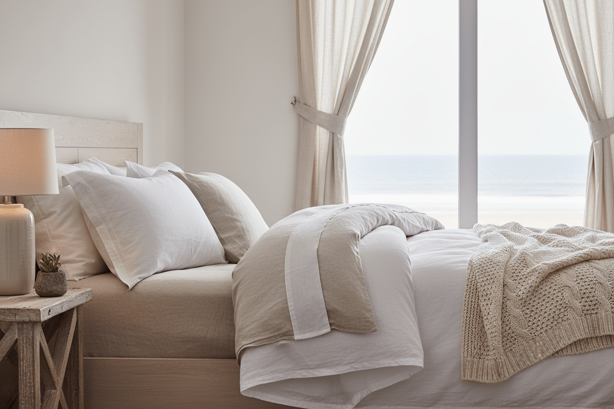 Certified organic cotton duvet set on a coastal bedroom bed with natural linen tones and soft morning light.