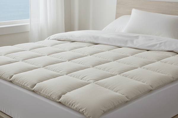 Certified organic cotton quilted mattress pad layered on a bed with crisp white bedding in a clean coastal bedroom.