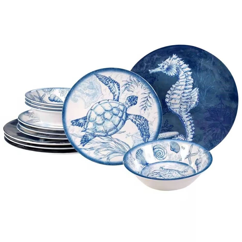 12 - Piece Sea Shells Ocean Theme Dinnerware Set in Blue and White - Service for 4 - Quahog Bay Bedding