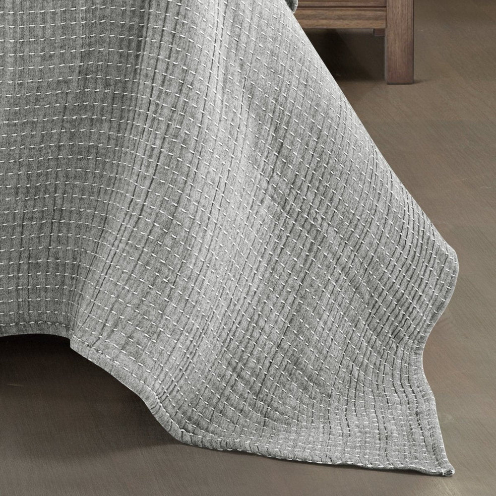 Solid Kantha Pick Stitch Yarn Dyed Cotton Woven Quilt/Coverlet Set
