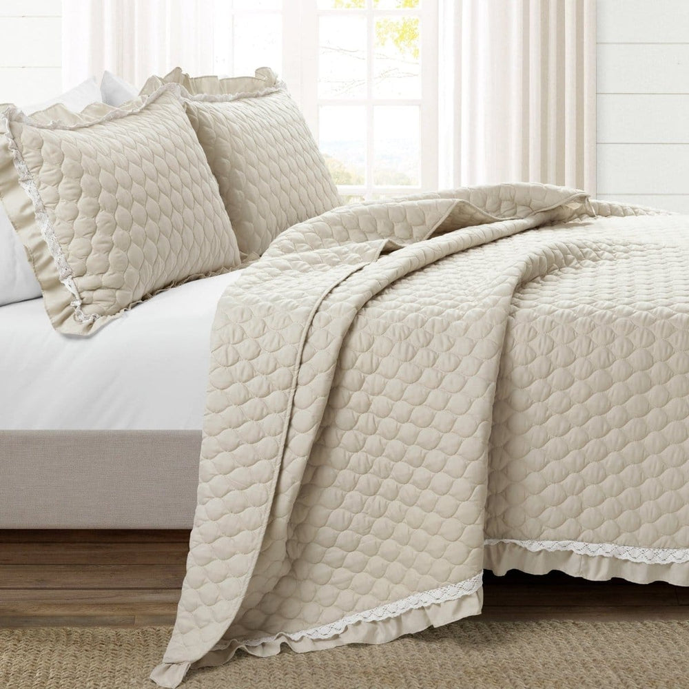 Ella Ruffle Lace 3PC Quilt Set | 100% Cotton | Coastal Cottage Bedding